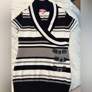 Say What? 90s Black, Grey, and White Striped Sweater with buckle accents